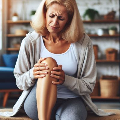 중년 여성이 무릎을 만지고 있다