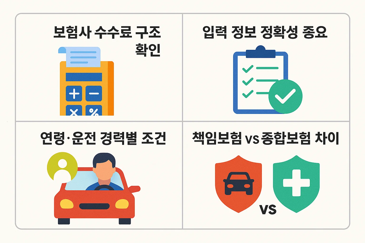 보험사 수수료 구조, 입력 정보 정확성, 운전 경력별 조건 등 자동차 종합보험 비교사이트 이용 시 반드시 확인해야 할 핵심 포인트를 시각적으로 정리한 인포그래픽