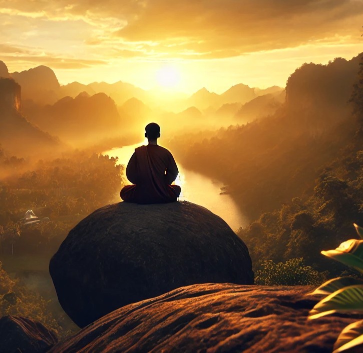 남자가 바위 위에 앉아서 명상한다.