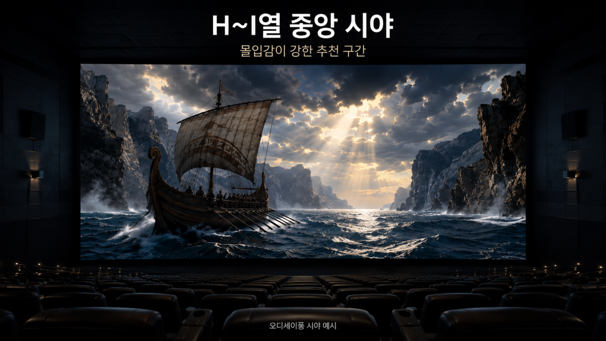 용산 아이맥스 H에서 I열 중앙 좌석 오디세이 몰입형 시야 예시