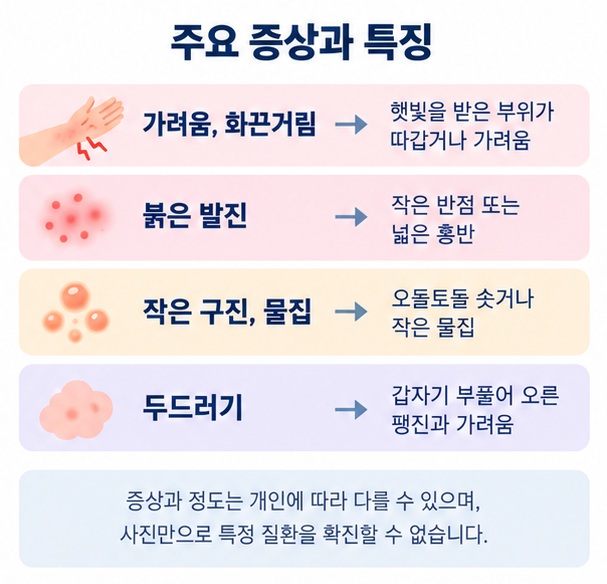 다형광발진에서 나타날 수 있는 가려움 화끈거림 붉은 반점 작은 구진 물집을 정리한 이미지