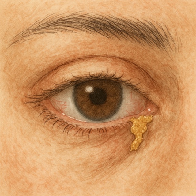 눈꺼풀 가장자리에 말라붙은 눈곱과 약간 충혈된 눈동자