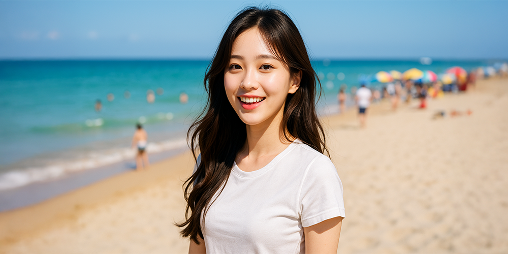 꿈속에서 활기찬 해변을 즐기는 여성