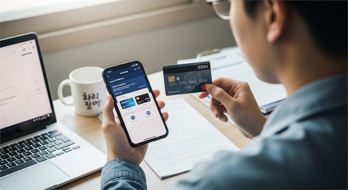스마트폰과 카드를 보며 지급 방식을 고르는 한국인 직장인
