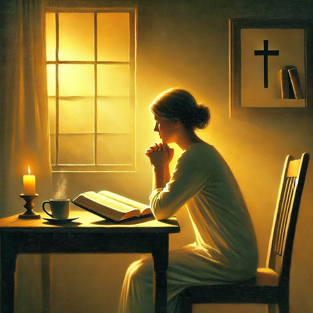 아래 이미지는 창세기 4장 3-4절을 묵상하며, 하나님께 가장 좋은 시간을 드리는 큐티(Quiet Time)를 진행하는 모습을 표현한 것입니다. 이른 아침, 성경을 펼쳐 기도하며 묵상하는 경건한 순간을 따뜻한 빛과 평온한 분위기로 담아냈습니다. 🙏📖✨