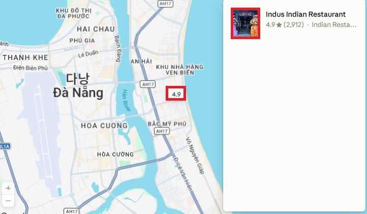 다낭 Indus Indian Restaurant 위치 구글맵에 표시
