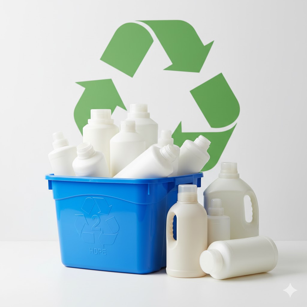 다양한 형태의 깨끗한 HDPE 플라스틱 용기들이 재활용 바구니에 담겨 있으며, 큰 재활용 마크가 배경에 강조되어 있습니다. MZ세대가 중요하게 생각하는 용이한 재활용성을 시각적으로 보여줍니다