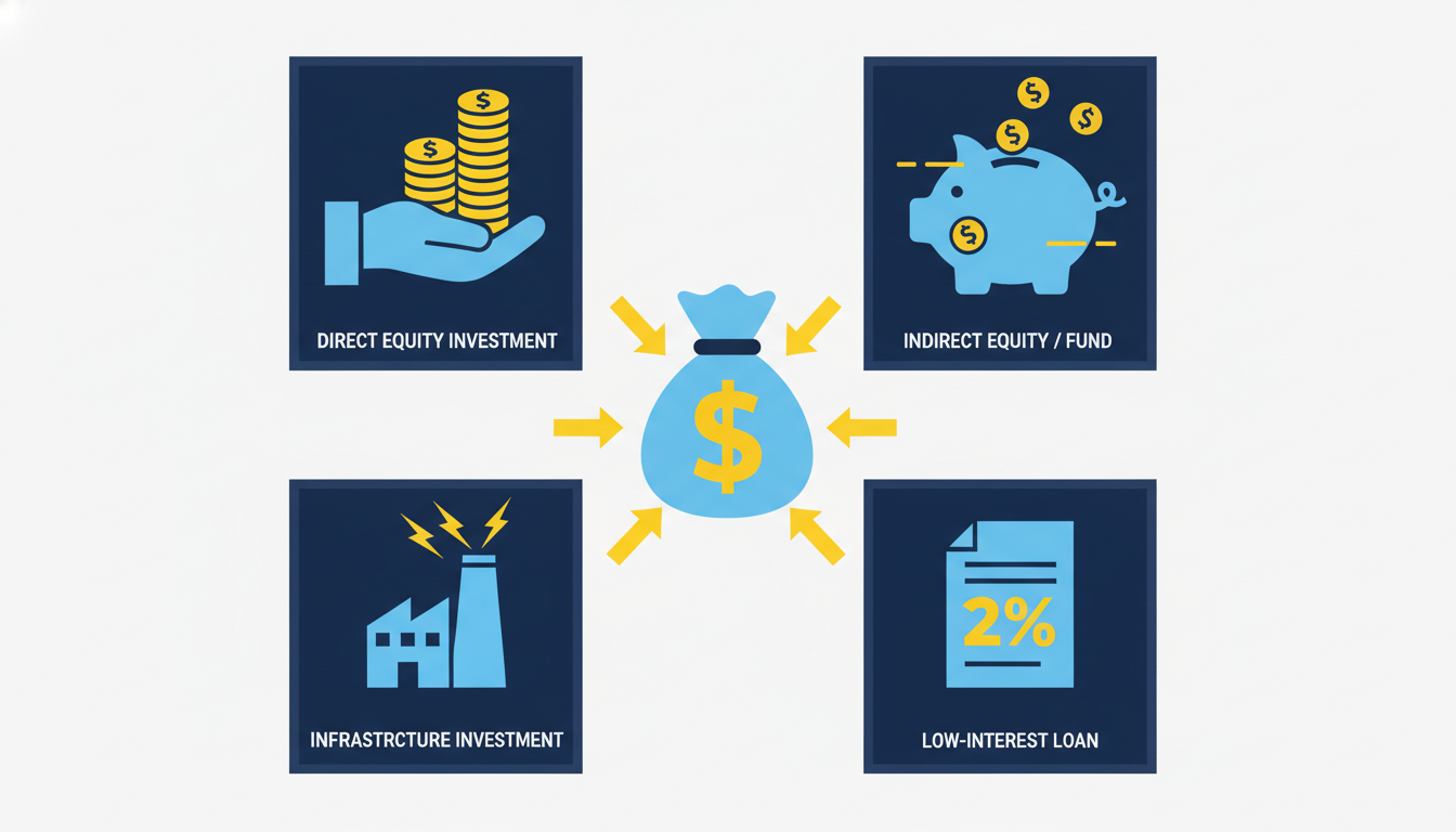 직접투자, 간접투자, 인프라 투융자, 초저리 대출의 네 가지 투자 지원 방식을 각각 상징하는 아이콘(손에 든 동전, 저금통, 공장 건물, 대출 문서)이 그려진 일러스트.