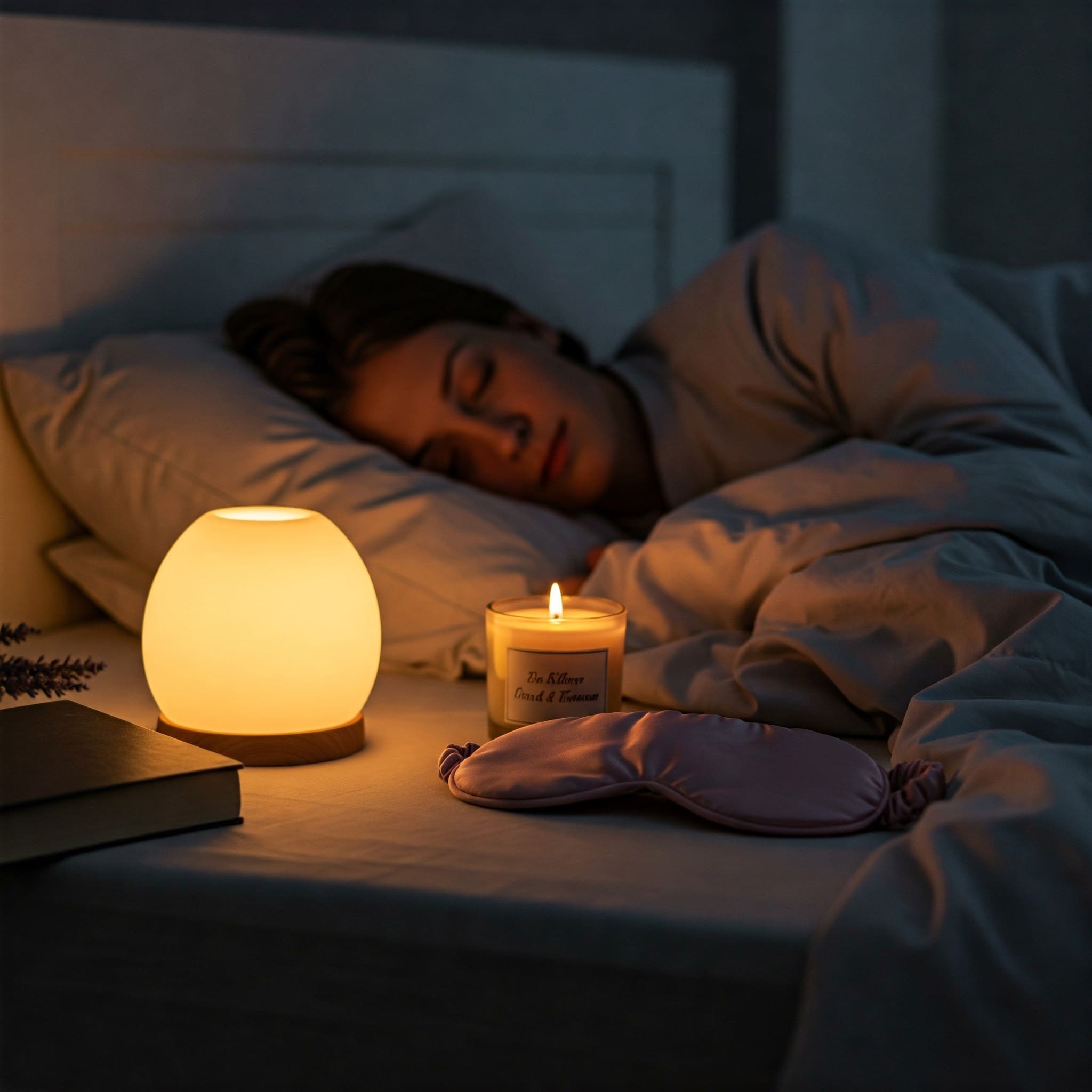 밤에 조용한 방에서 아로마 램프가 켜진 채 침대에 누운 사람이 편안히 잠든 모습, 주변에 책, 라벤더 향초, 수면 안대가 놓인 장면 – 따뜻한 톤, 릴랙싱한 분위기, 힐링 컨셉