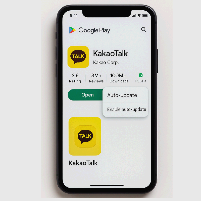 스마트폰 화면에 구글 플레이 스토어에서 카카오톡 앱 설치 페이지가 표시된 모습입니다. 카카오톡 아이콘과 함께 평점, 리뷰 수, 다운로드 횟수 등이 보이며, 'Open' 버튼과 자동 업데이트 옵션이 활성화된 장면으로 앱 관리와 업데이트 과정을 보여줍니다.