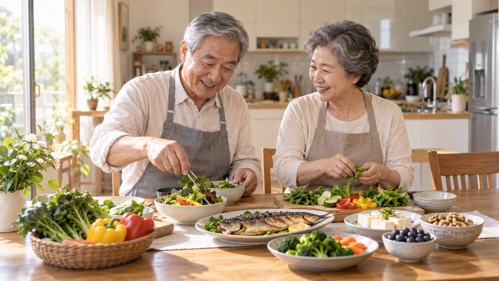 밝은 주방에서 채소와 생선, 두부, 견과류로 균형 잡힌 식사를 함께 준비하는 한국인 시니어 부부
