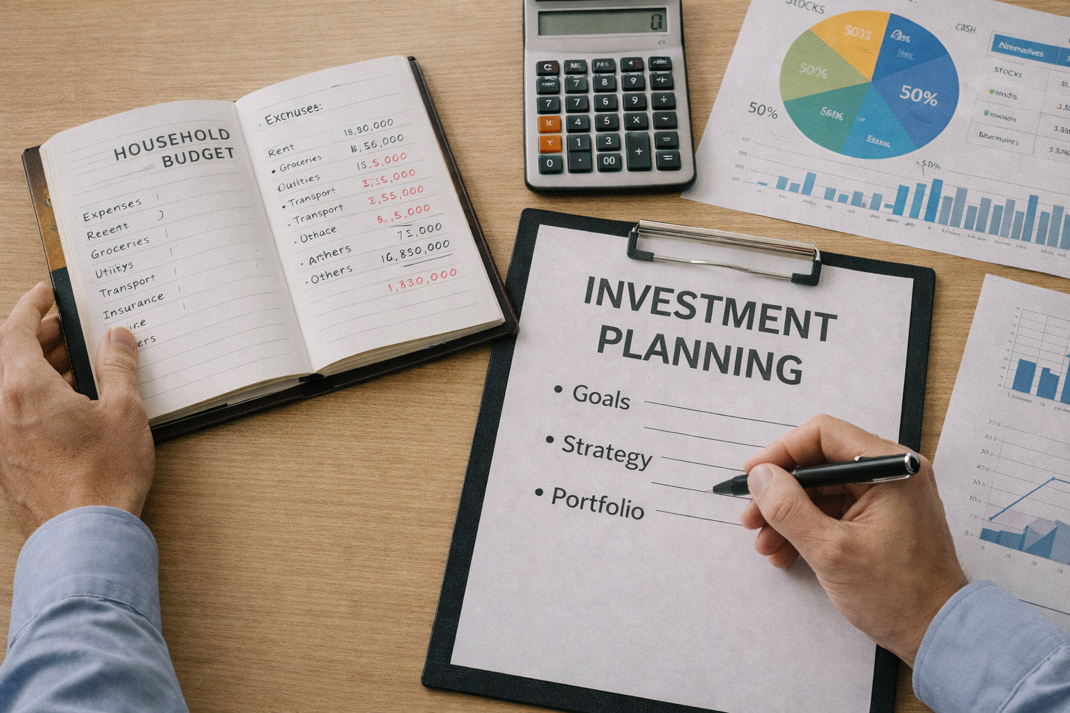가계부와 투자 계획표를 함께 정리하는 모습