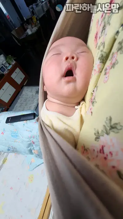 코니 아기띠로 엄마 품에 안겨 있는 아기