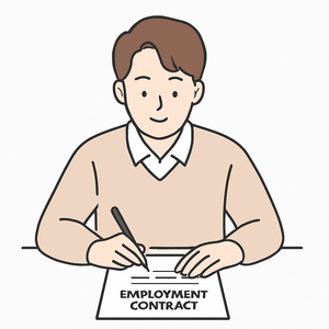 경북 근속장려수당 신청을 위해 근로계약서를 작성 중인 청년의 모습