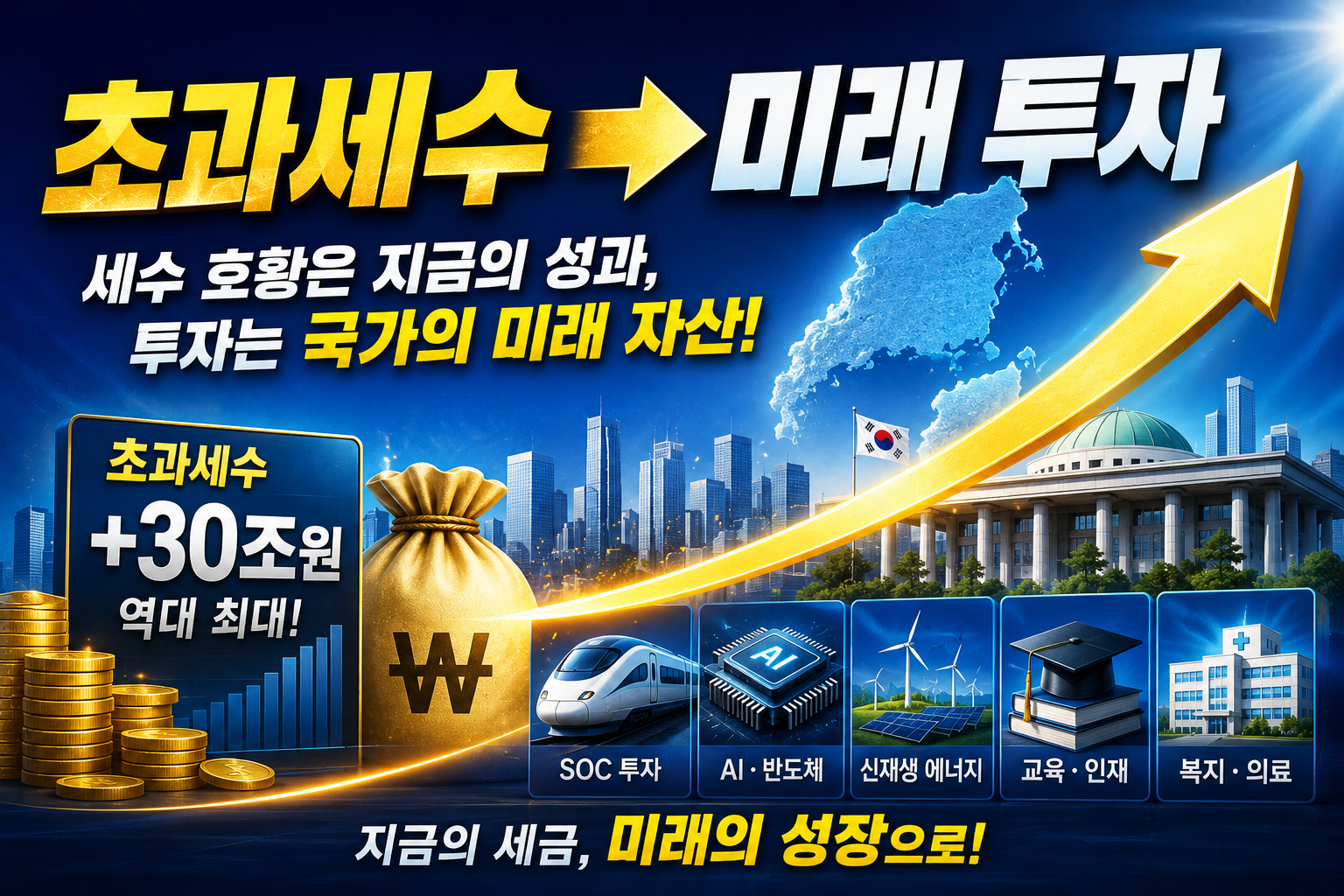 초과세수를 미래 투자로 운용하는 것과 관련된 이미지