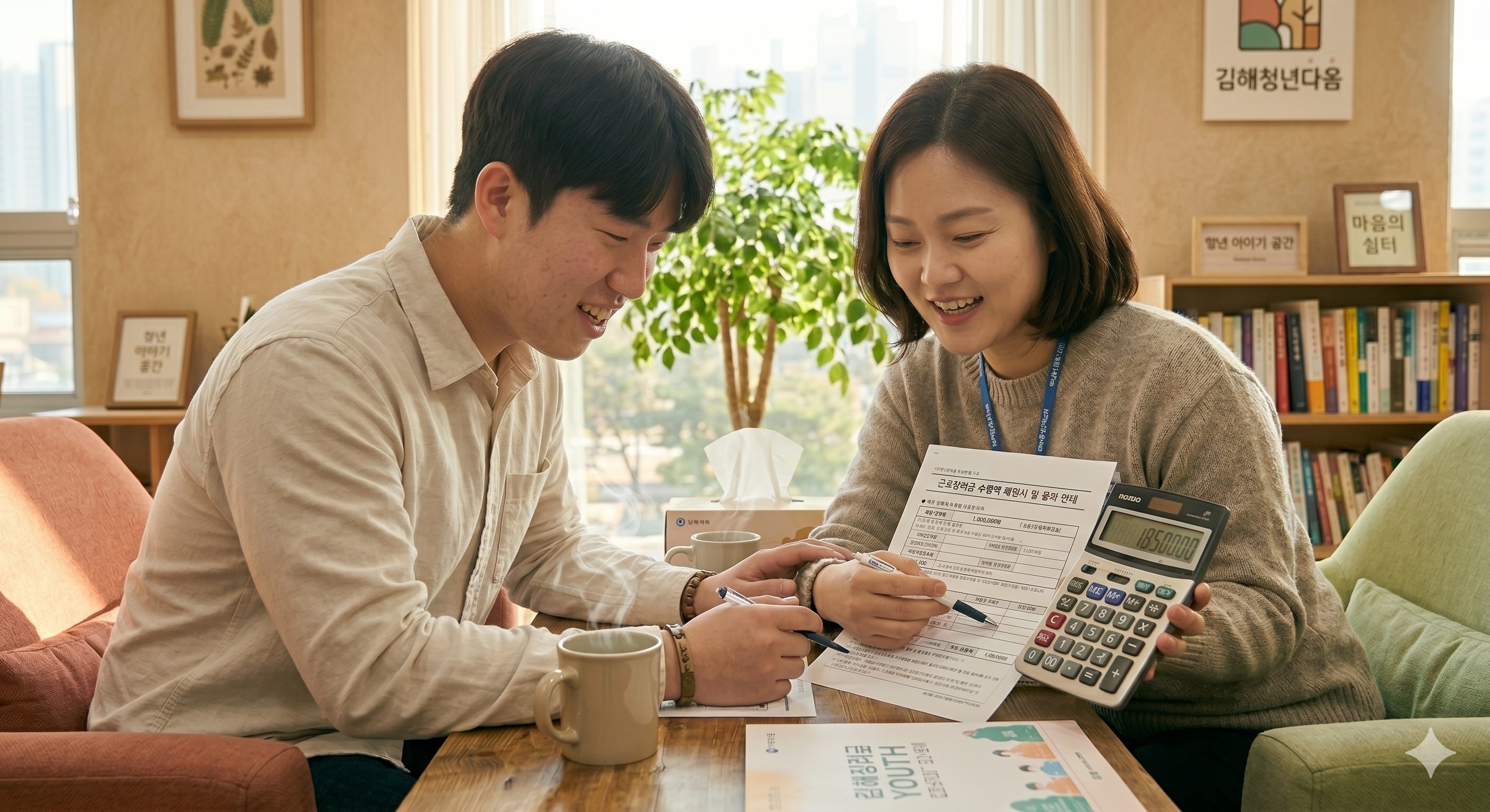 계산기와 서류를 보며 근로장려금 수령액을 확인하는 모습