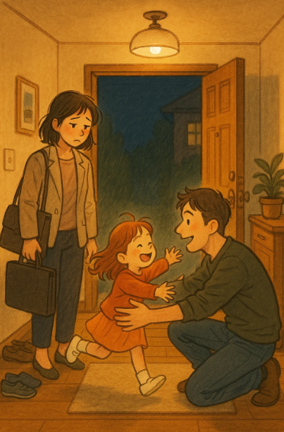 주말에 집으로 돌아온 아빠를 반기며 달려가는 아이와 지친 표정의 워킹맘