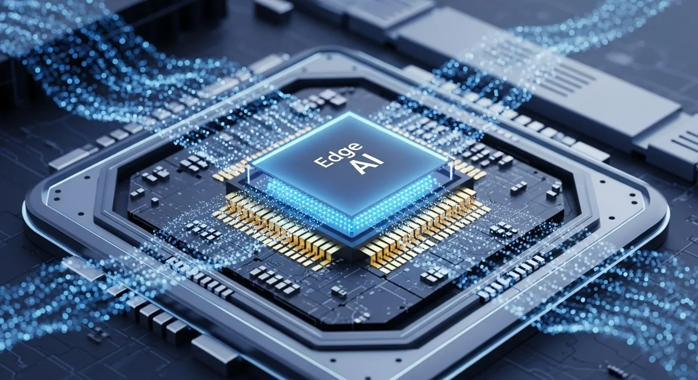 엣지 AI 칩이 탑재된 자율주행 기기, 고효율 저전력 AI 기술을 시각적으로 표현