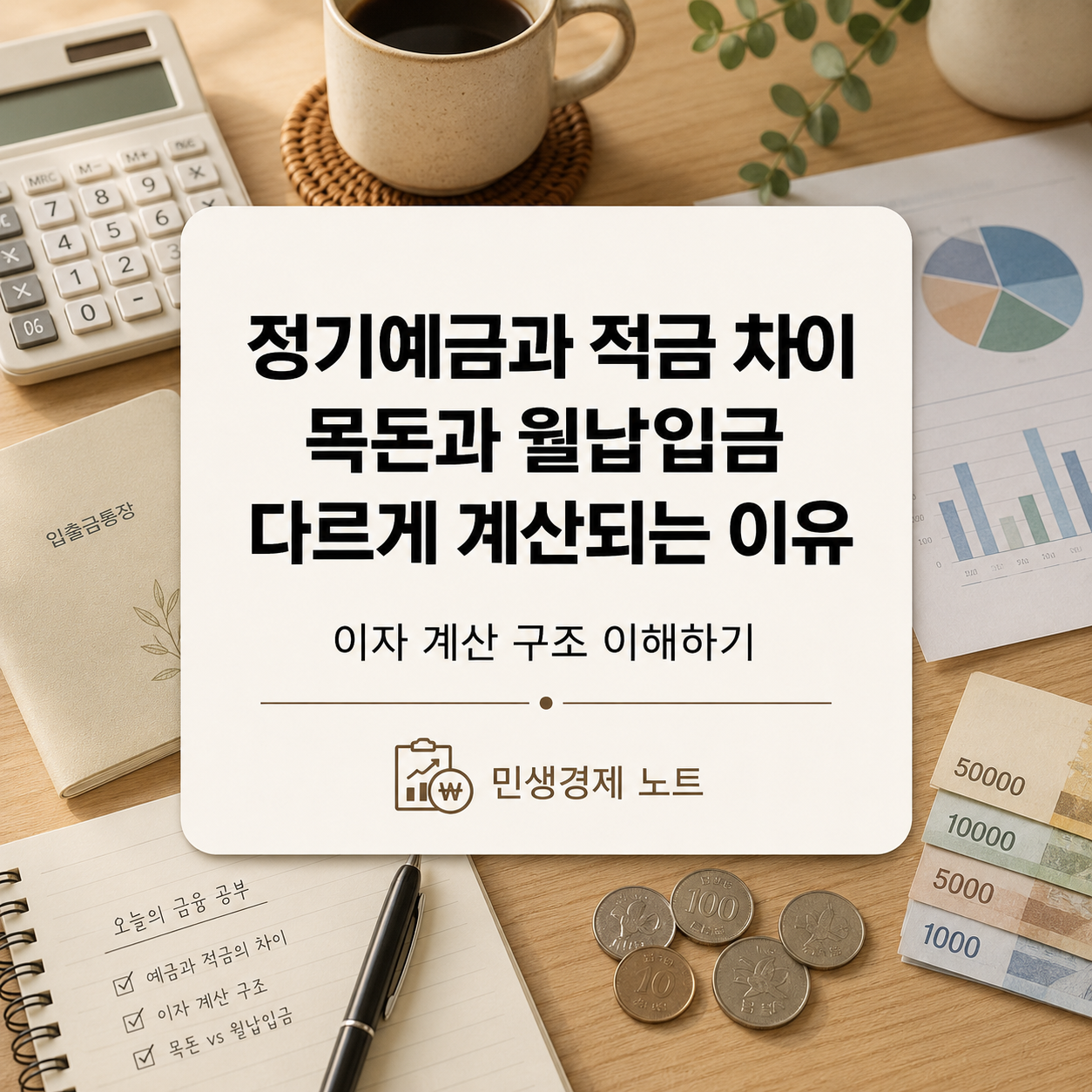 정기예금과 적금의 차이를 목돈과 월납입금 계산 방식으로 설명하는 민생경제노트 대표 이미지
