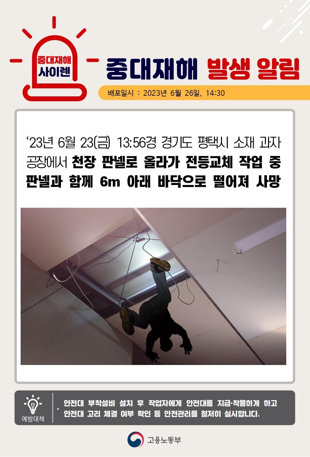 천장 판넬 위에서 전등교체 작업 중 떨어짐(6m)