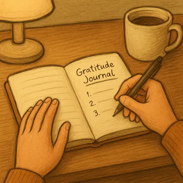 편안한 책상 위에서 감사 일기를 차분하게 작성하는 손과 노트 &mdash; 따뜻한 색감과 손그림 스타일이 조화를 이루는 장면