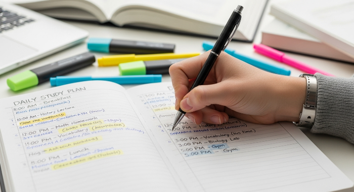 꼼꼼하게 하루 공부 계획을 세우는 학생의 손과 플래너. 다양한 색깔 펜으로 시간표와 과목이 상세히 기록되어 있습니다.