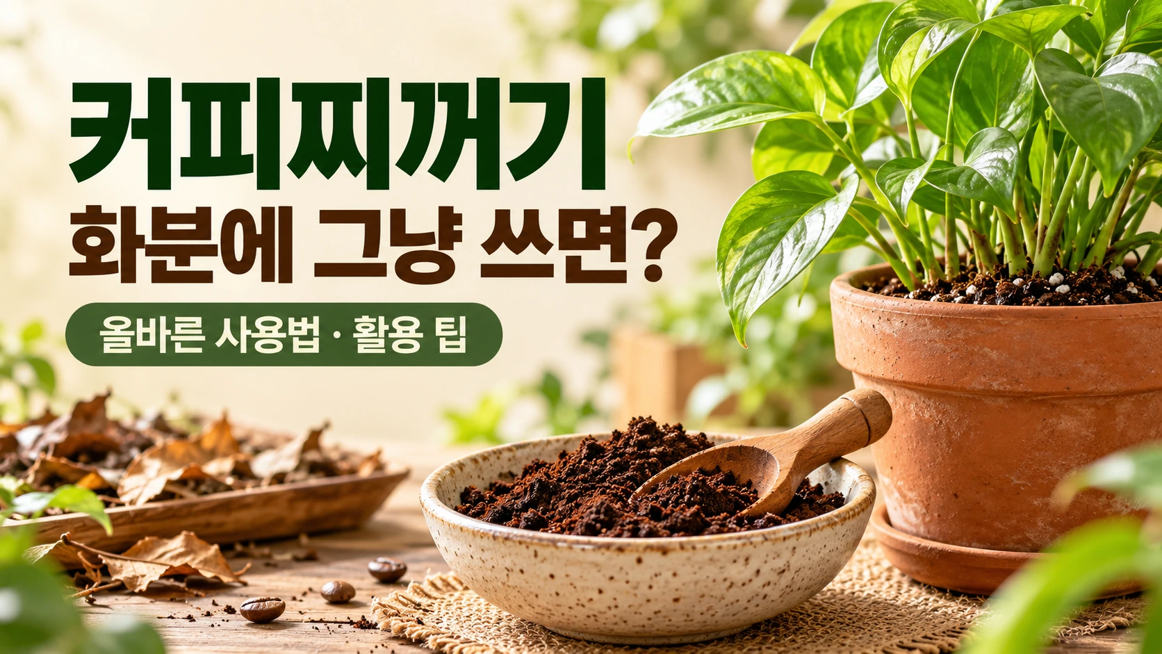 화분 옆에 놓인 나무 숟가락과 커피찌꺼기 퇴비 활용법 대표 이미지