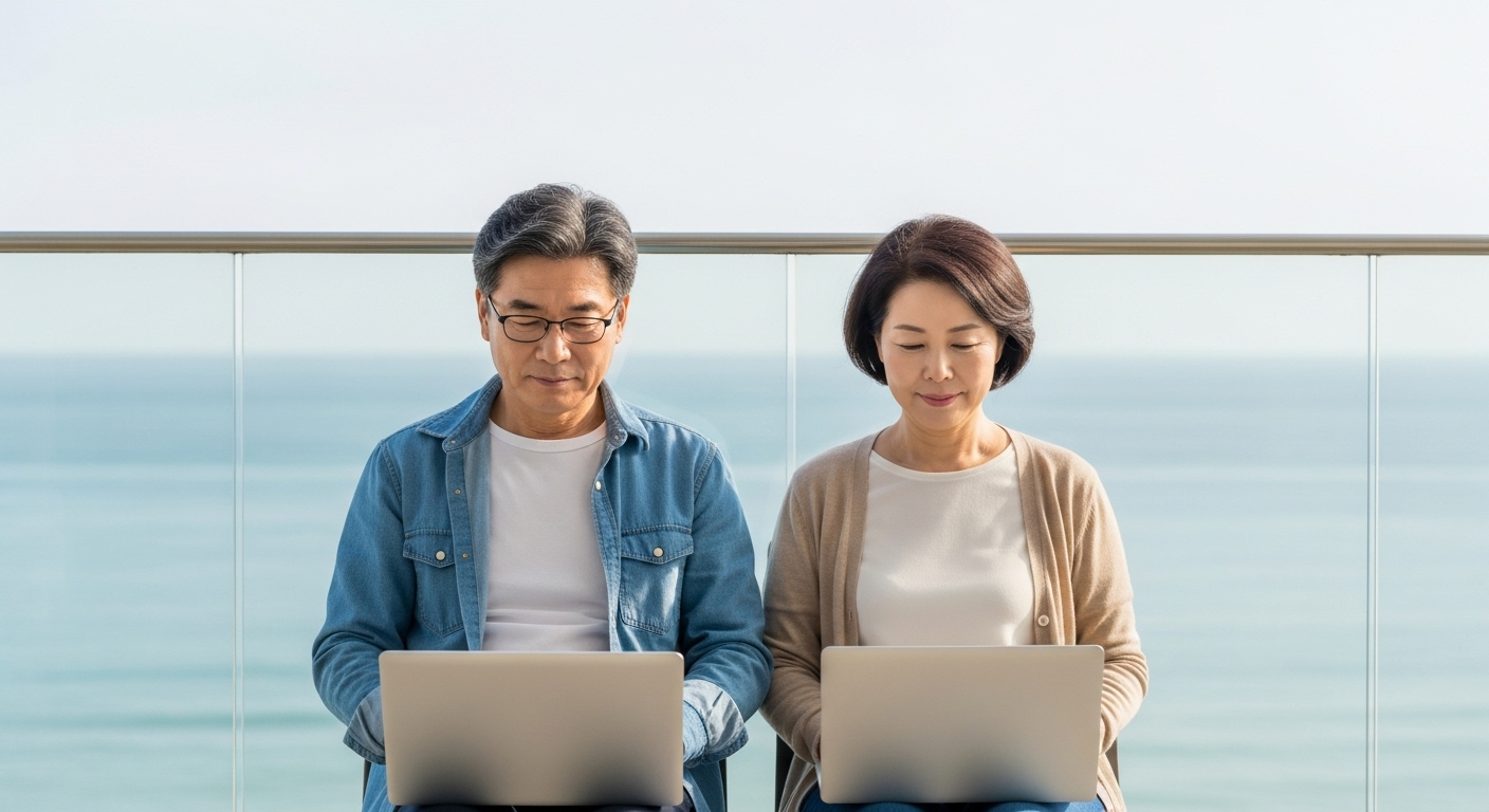 바다 전망 공간에서 노트북 작업하는 장면