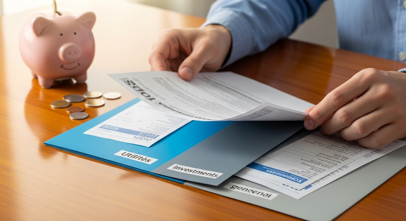 다양한 청구서와 금융 서류를 정리하는 손, 저금통이 함께 있어 체계적인 재정 계획을 보여주는 이미지.