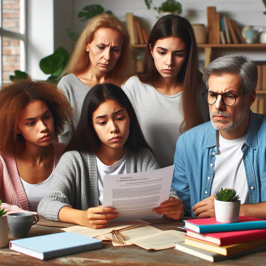 상속세 계산 명세서를 세무사에게 전달받은 가족이 명세서를 함께 읽어보고 있다.