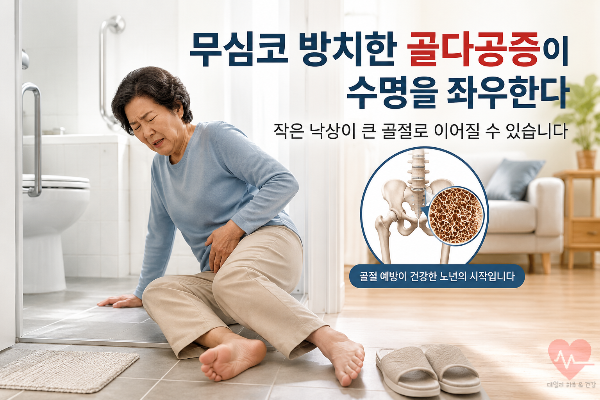 골다공증을 겪는 중년 여성이 욕실에서 넘어져 고통을 호소하고 있다.