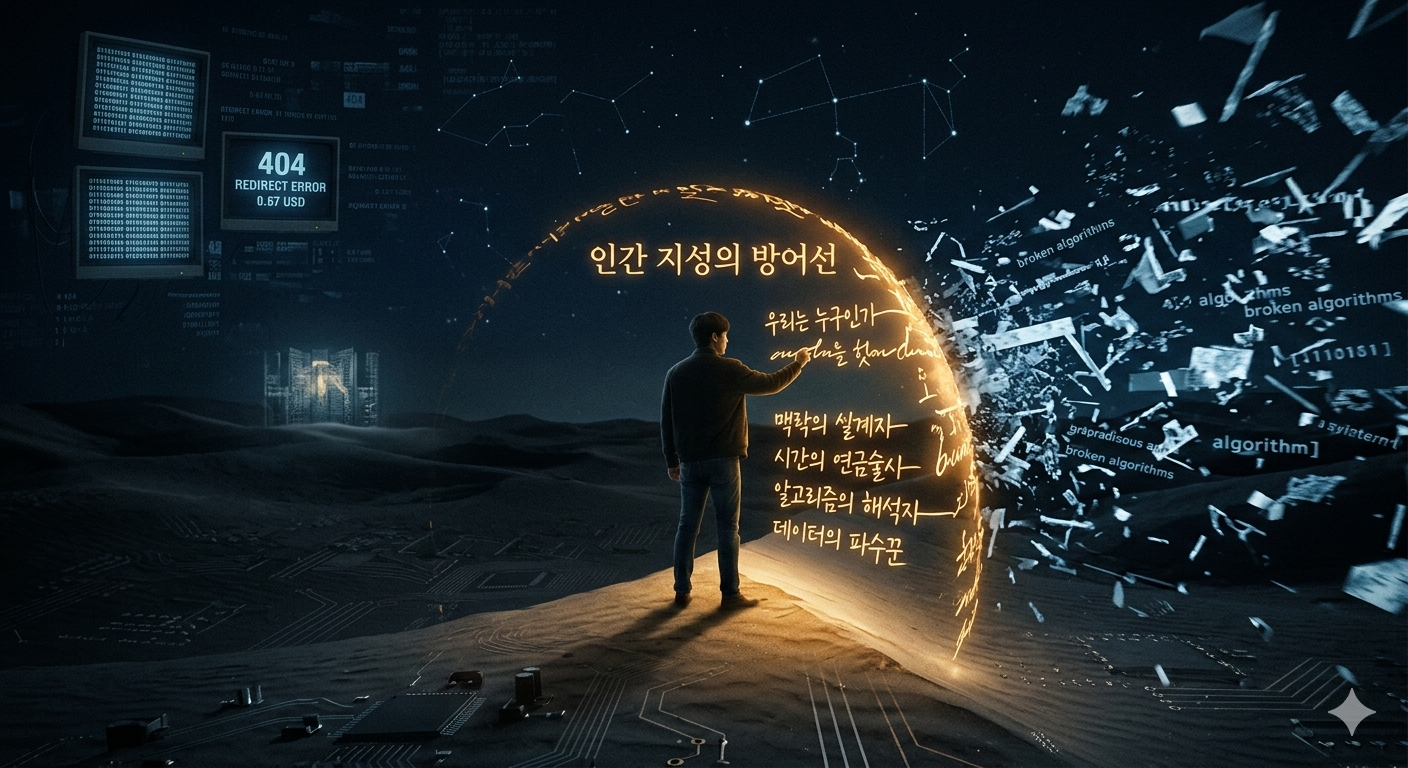디지털 사막 배경에 황금빛 방어선을 치고 서 있는 창작자의 뒷모습과 인간 지성의 5가지 정체성이 선명하게 새겨진 이미지