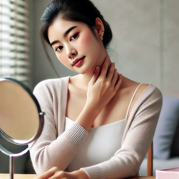 책상 앞에서 거울을 보며 목 앞쪽을 만지는 젊은 동양 여성