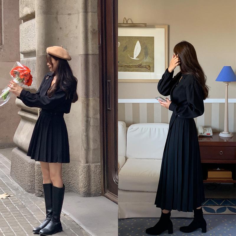 겨울원피스 베이지 블랙 플리츠 울 기모 랩 미니 롱 원피스 77 빅사이즈 오피스룩