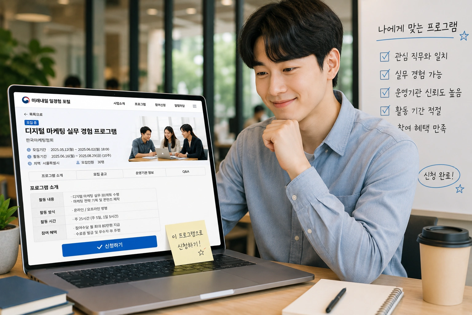 청년이 미래내일 일경험 포털에서 자신에게 맞는 프로그램을 선택하며 신청을 준비하는 모습