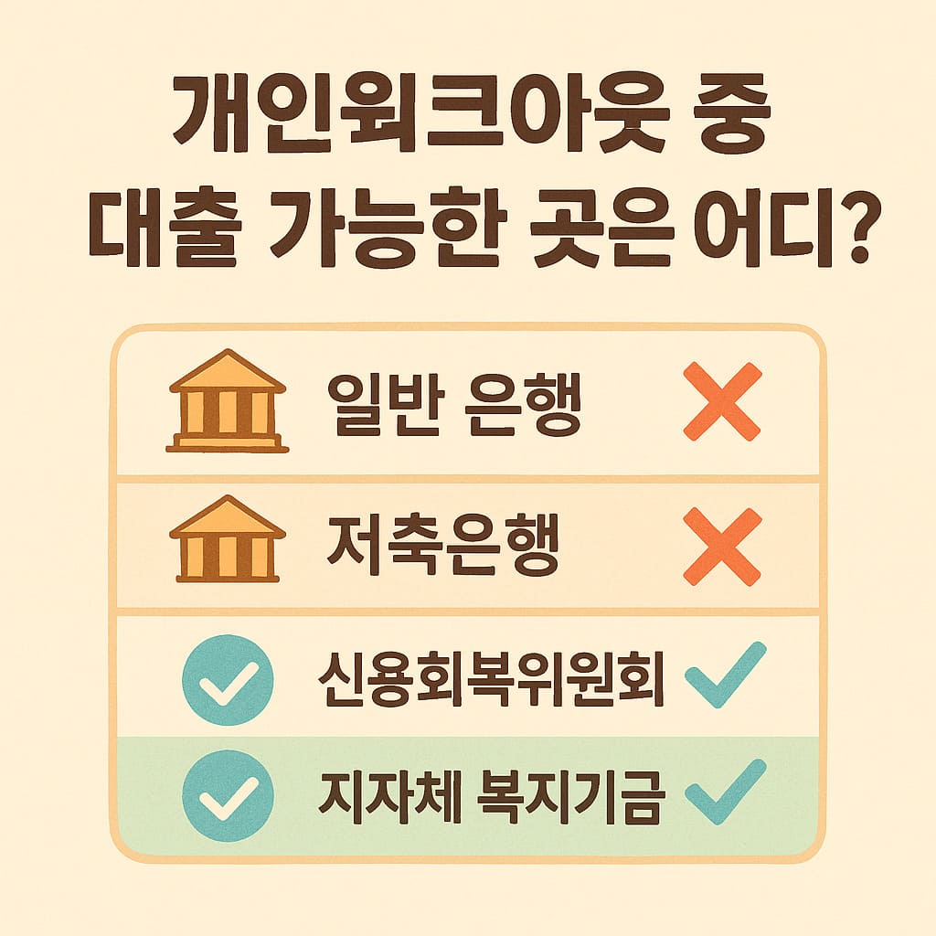 개인워크아웃 중 대출 가능 여부를 금융기관별로 비교한 일러스트 도표