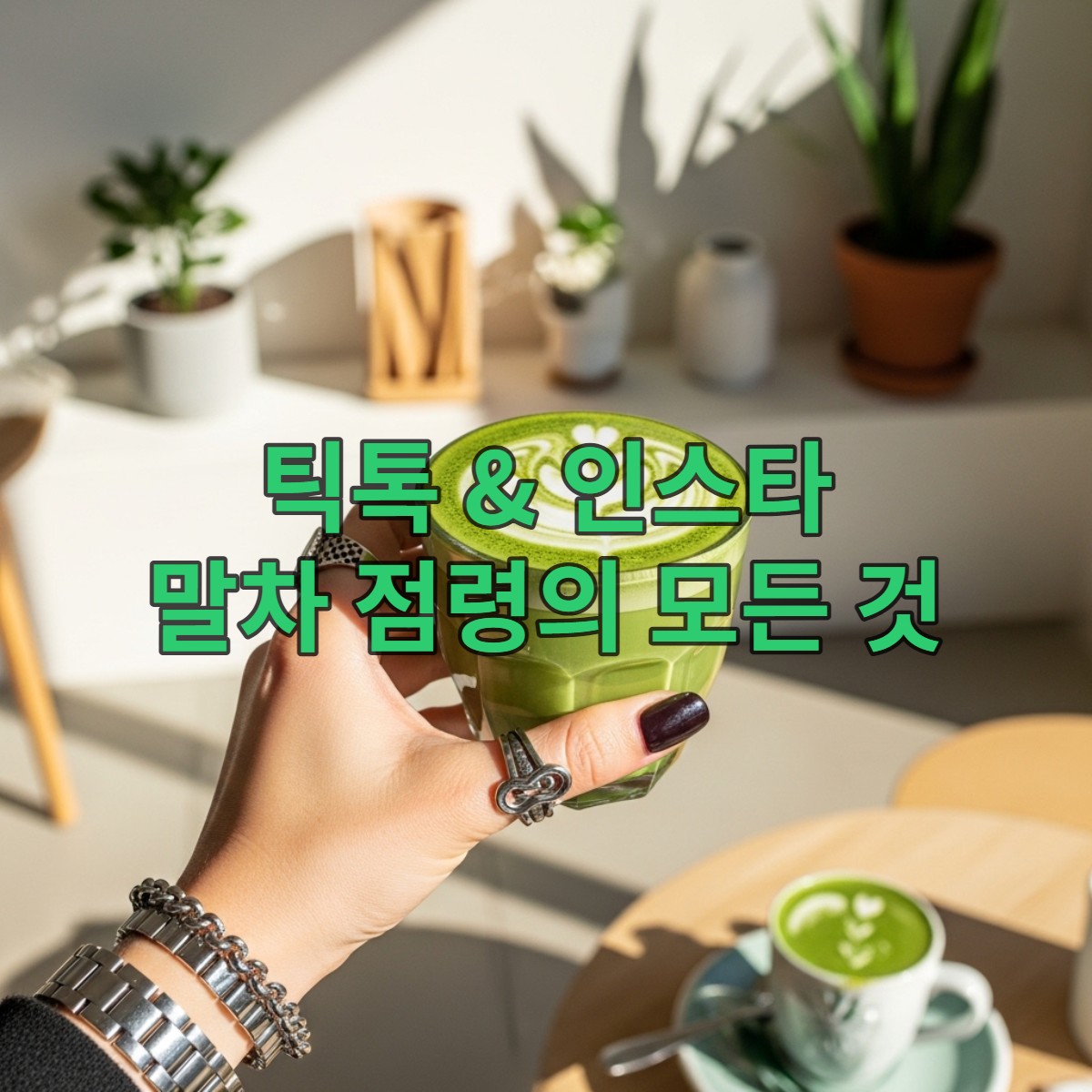 미국 Z세대 손에 들린 아름다운 말차 라떼. 라떼 아트는 물론 주변 분위기가 힙하고 트렌디함을 연출하며, 말차가 건강 음료를 넘어선 패션 아이템이 되었음을 보여줍니다.