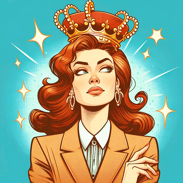 갈색의 파마머리를 한 백인여자가 정장을 입고 팔짱을 낀채 눈을 치켜 뜬다. 머리엔 갈색 왕관을 썼다. 매우 교만한 포즈다.