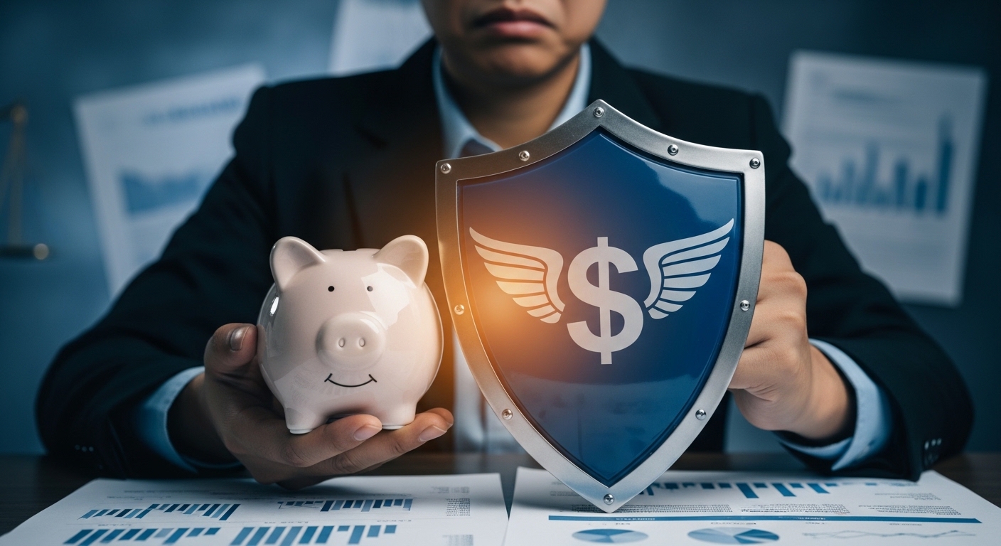 돼지 저금통과 방패를 들고 걱정스러운 표정을 짓는 사람, 금융 압류로부터 재산을 보호하는 모습을 상징