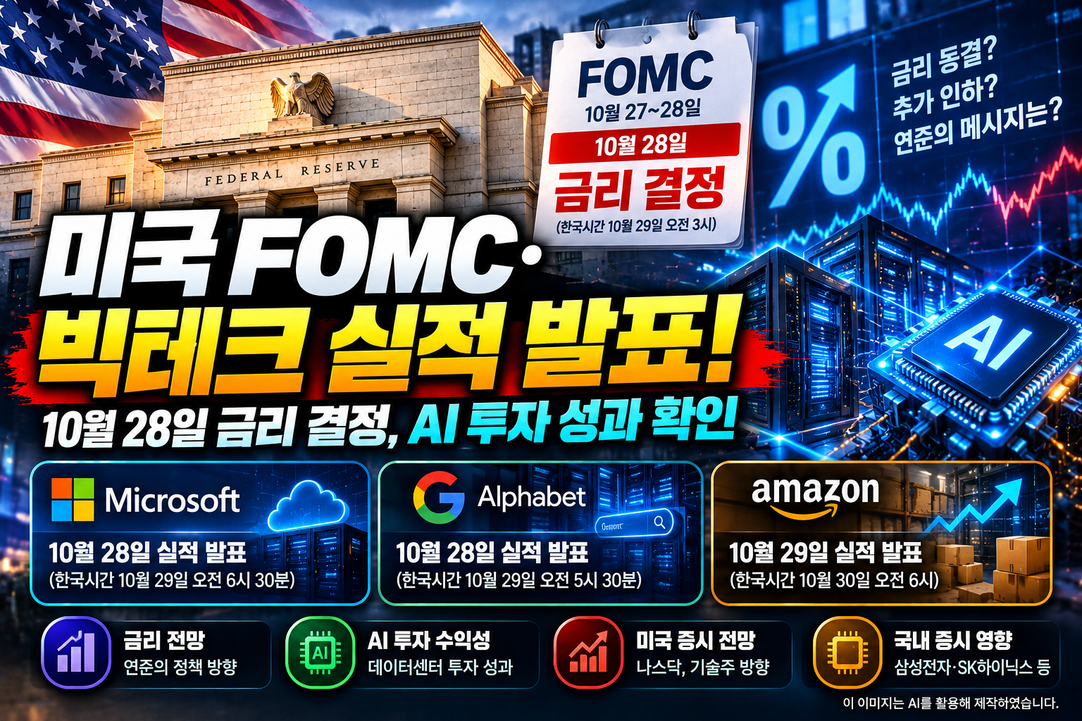 2026년 10월 미국 FOMC 금리 결정과 마이크로소프트&middot;알파벳&middot;아마존 실적 발표 일정, AI 데이터센터 투자 및 미국 증시 전망을 나타낸 이미지
