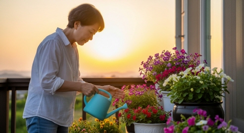 여름 해 질 녘 베란다에서 화분 손질하는 여성