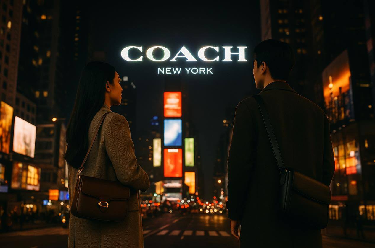 뉴욕 야경 속에서 코치 브랜드의 현재와 미래를 상징하는 장면
