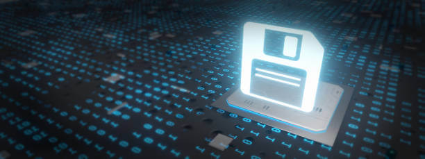 코드로 이루어진 디지털 화면 위에 플로피 디스켓이 떠있는 모습