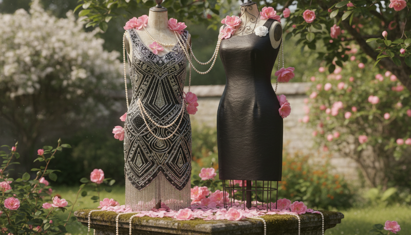 1920년대 가브리엘 샤넬의 혁신을 상징하는 리틀 블랙 드레스와 진주 목걸이의 우아한 모습.