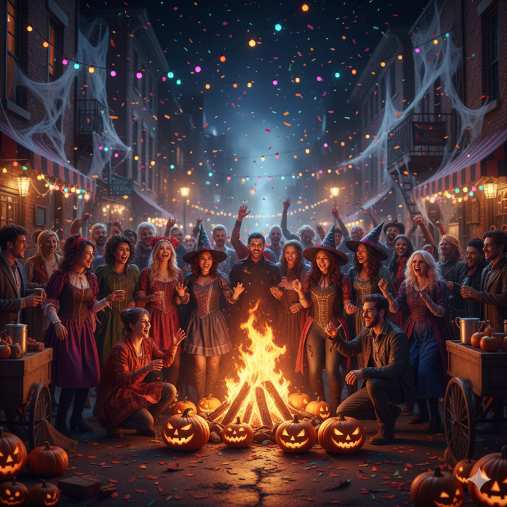 할로윈 축제에서 사람들이 함께 모여 웃고 즐기는 모습