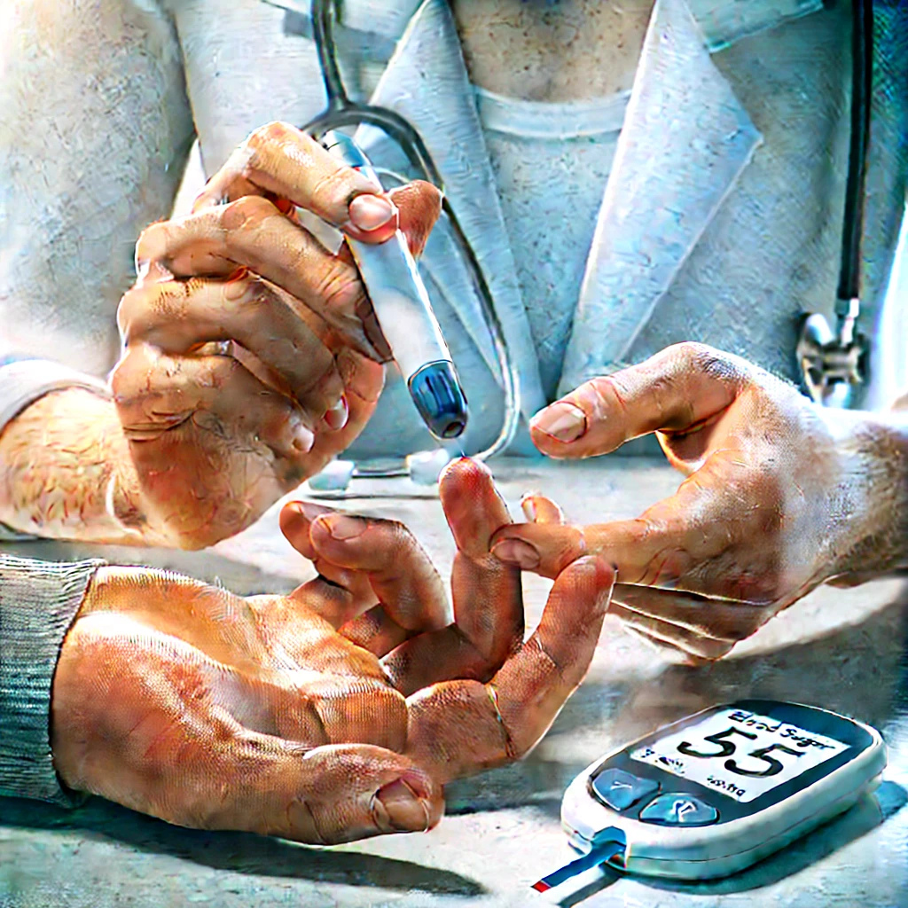 병원에서 의료진이 환자의 손가락 끝을 채혈해 혈당을 측정하는 장면이 정밀하게 묘사된 이미지