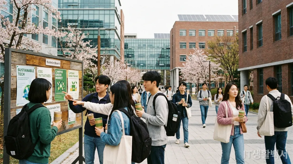 활기찬 한국 대학교 캠퍼스에서 친환경 기술을 논의하는 학생들