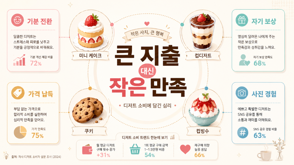 큰 지출 대신 작은 만족을 선택하는 작은 사치 디저트 소비 심리 인포그래픽