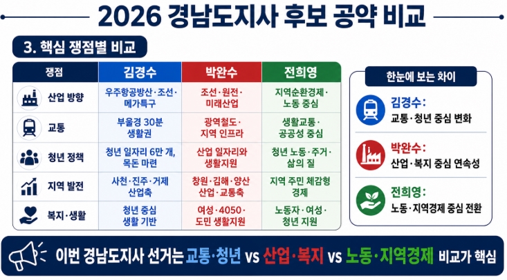 2026 경남도지사 후보 공약 비교 김경수 박완수 전희영 핵심정리