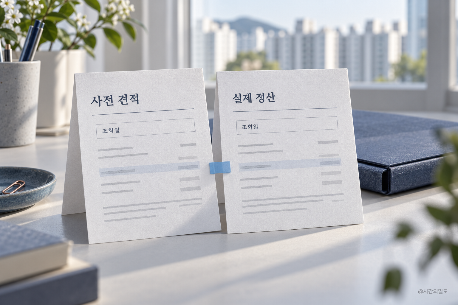 조회일 칸이 있는 사전 견적과 실제 정산 문서를 나란히 세워 비교한 장면